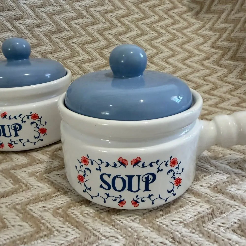 Vintage Set of 2 Ceramic Soup Crocks Bowls With Lids Floral Cottage Core